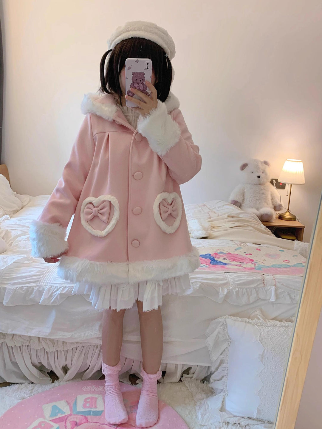 Sweet Lolita Coat Bunny Ear Hood Coat Pink Woolen Jacket 40932:680248