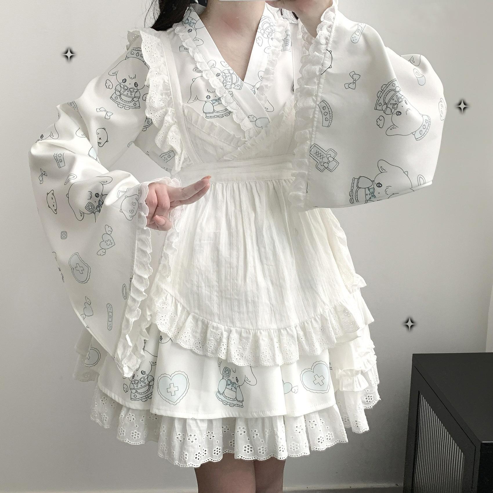 Tenshi Kaiwai Patchwork Skirt Kimono Top White Apron Three-Piece Set 36786:536944
