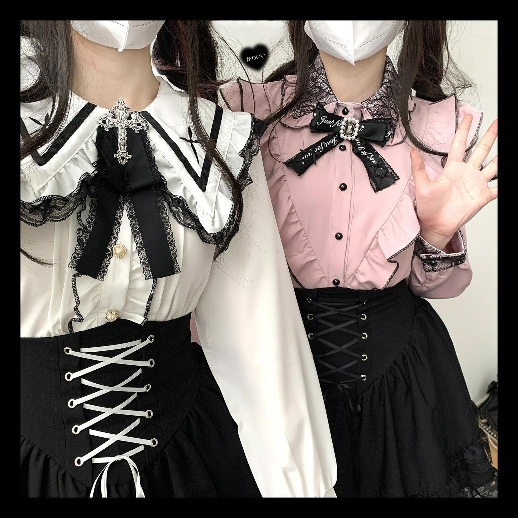 Jirai Kei Blouse Sailor Collar Shirt Cross Lace Long Sleeve Blouse 36780:537516