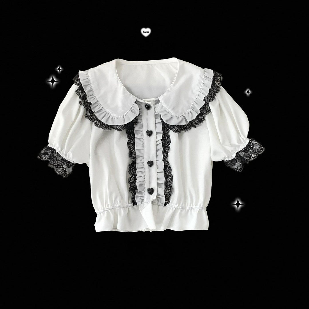 Jirai Kei Shirt Sweet Lace Blouse Short Sleeve Peter Pan Collar (White / Preorder) 35260:540232 (White / Preorder) 35260:540232