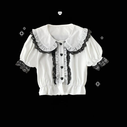 Jirai Kei Shirt Sweet Lace Blouse Short Sleeve Peter Pan Collar (White / Preorder) 35260:540232