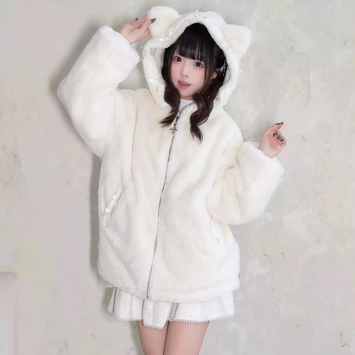 Jirai Kei Winter Coat Fleece Cat Ear Hooded Lace Bows Coat 41408:698066