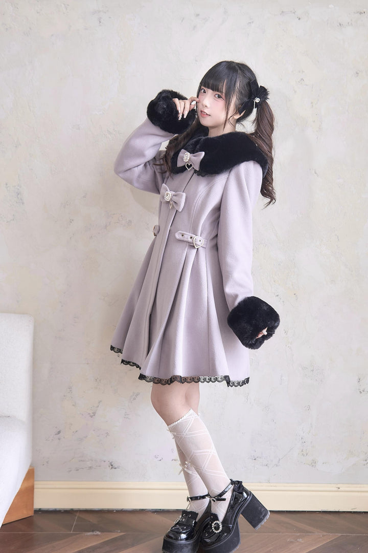 Jirai Kei Winter Coat Fur Collar Lace Coat With Bows 41410:698148