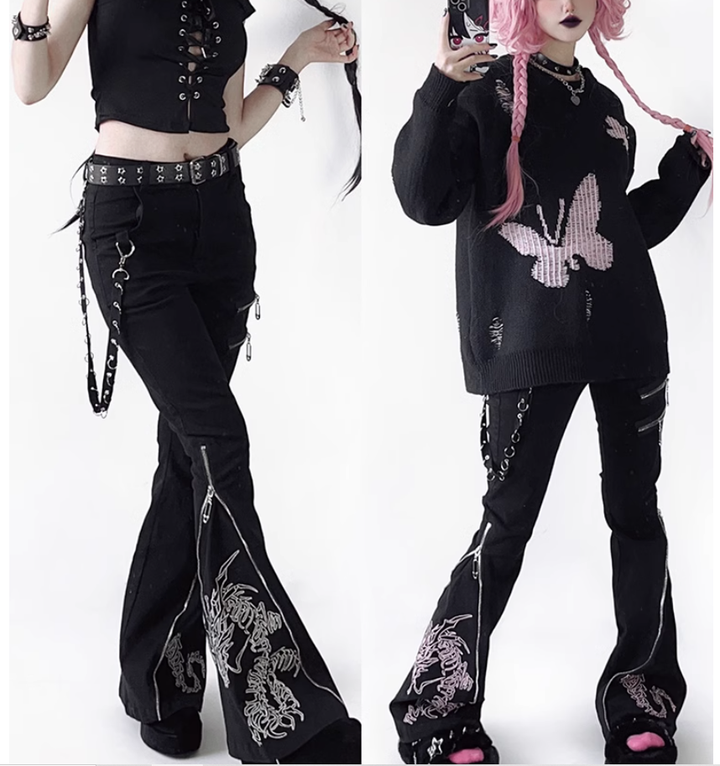 Y2K Pants Bell-bottom Trousers Embroidered Dragon Jeans 38080:592710