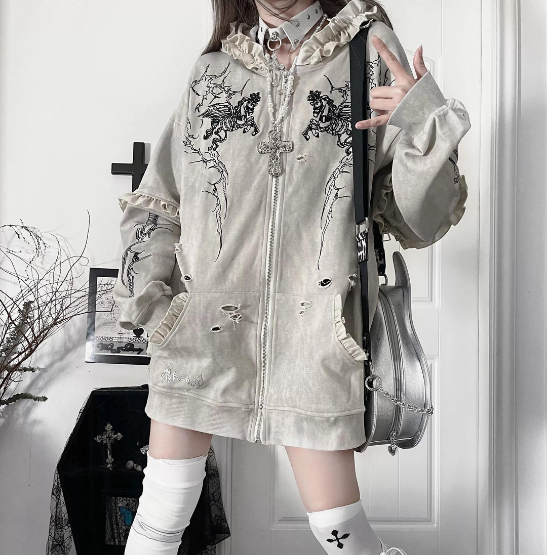 Punk Hooded Jacket, Ripped Details & Horse Embroidery 45939:871835