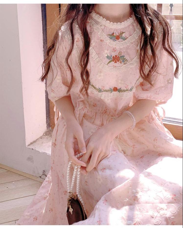 Mori Kei Dress Pink Floral Dress Short Sleeve Dress 36208:523726