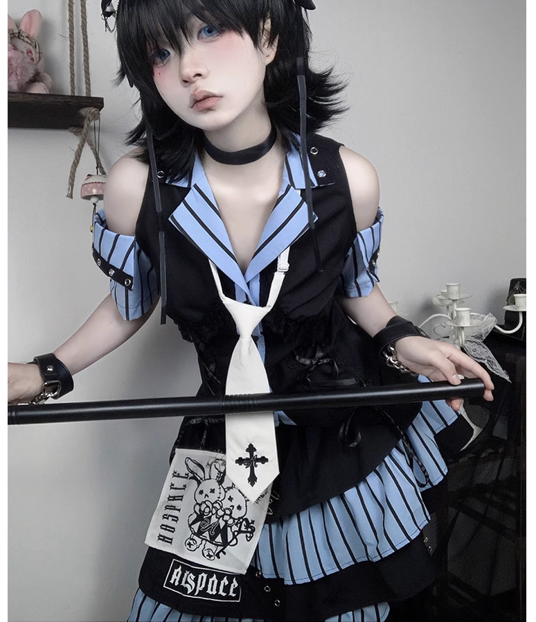 Jirai Kei Off-shoulder Striped Shirt And Ruffled Hem Skirt 37558:564460