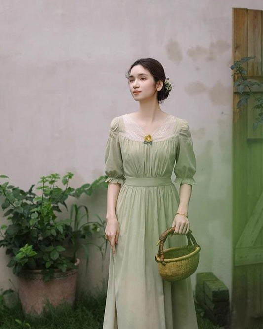 Mori Kei Dress Elegant Dress Matcha Green Lace Trim Dress 36344:547256