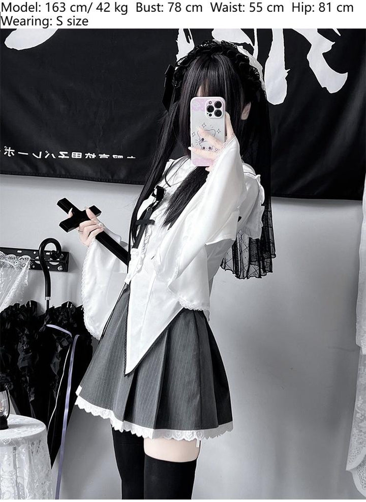 Gothic Outfit White Flared Cuffed Shirt And Striped Skirt with Lace Trim 42238:737618