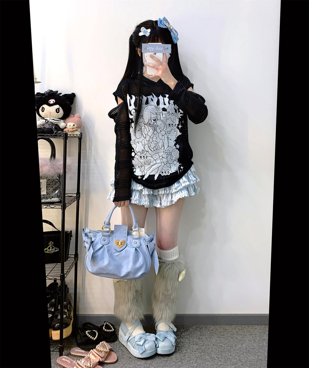 Jirai Kei Hoodie Open Shoulder Knitted Hollow Print Top 34408:460302 34408:460302