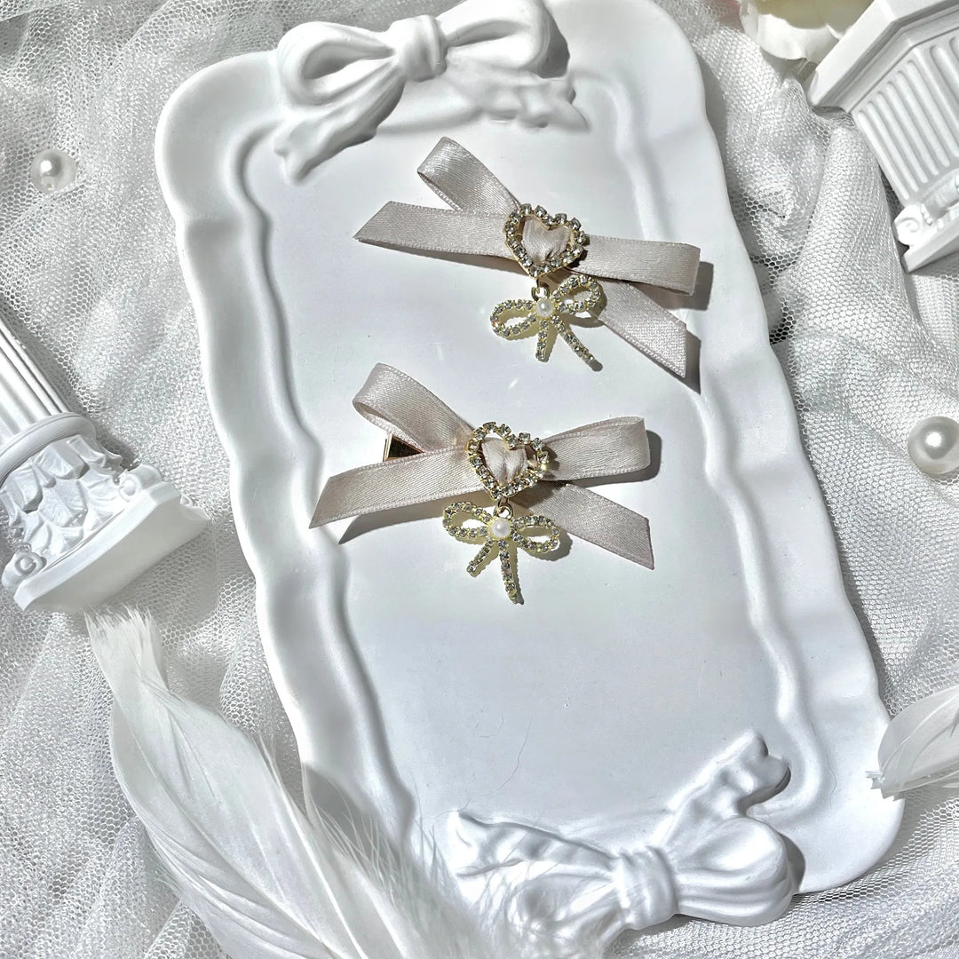 Jirai Kei Bow Hair Clips Set, Rhinestone & Pearl Accent 45776:866488