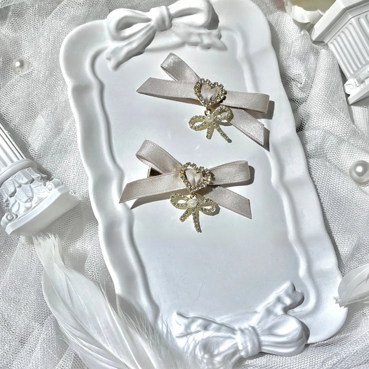 Jirai Kei Bow Hair Clips Set, Rhinestone & Pearl Accent 45776:866488