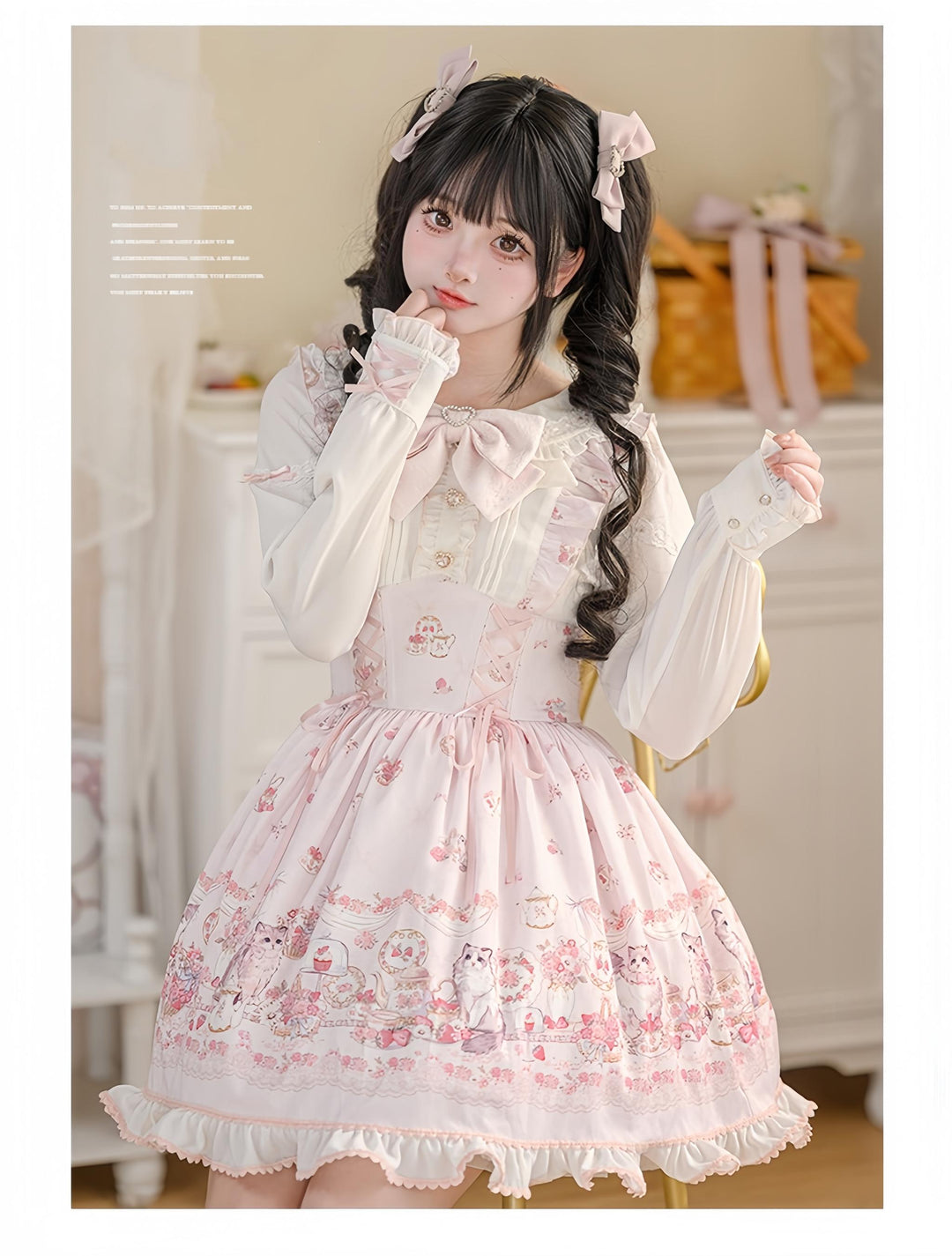 Kawaii Ryousangata Dress Long-sleeved Cat Printed OP Dress 40560:665194