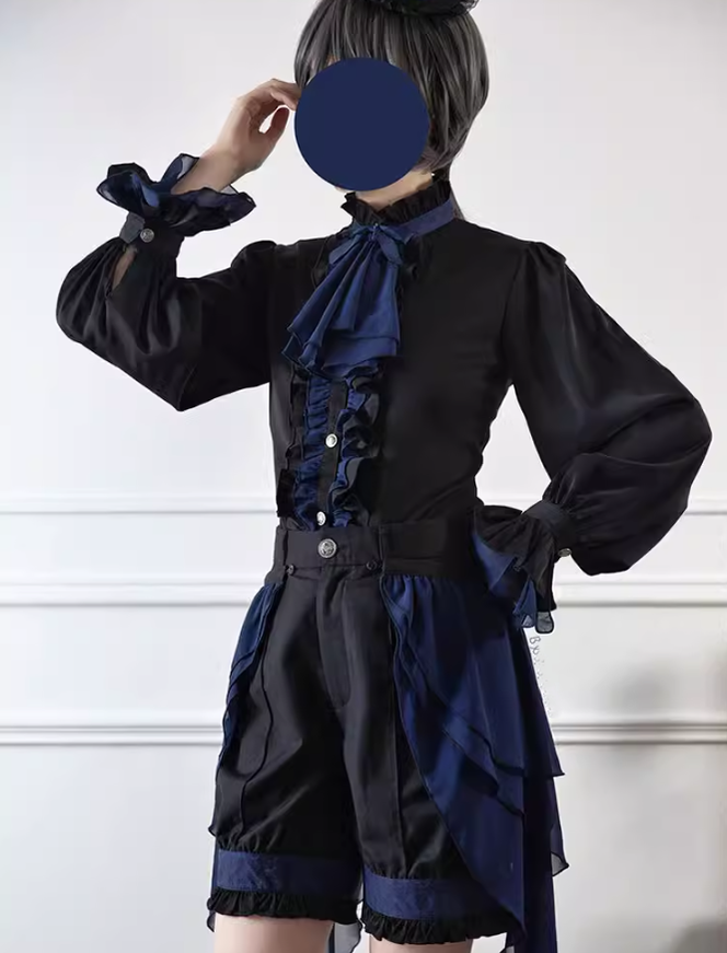 Ouji Lolita Prince Outfit Navy Blue Lolita Blouse Skirt Set (L M S XL) 39360:633280