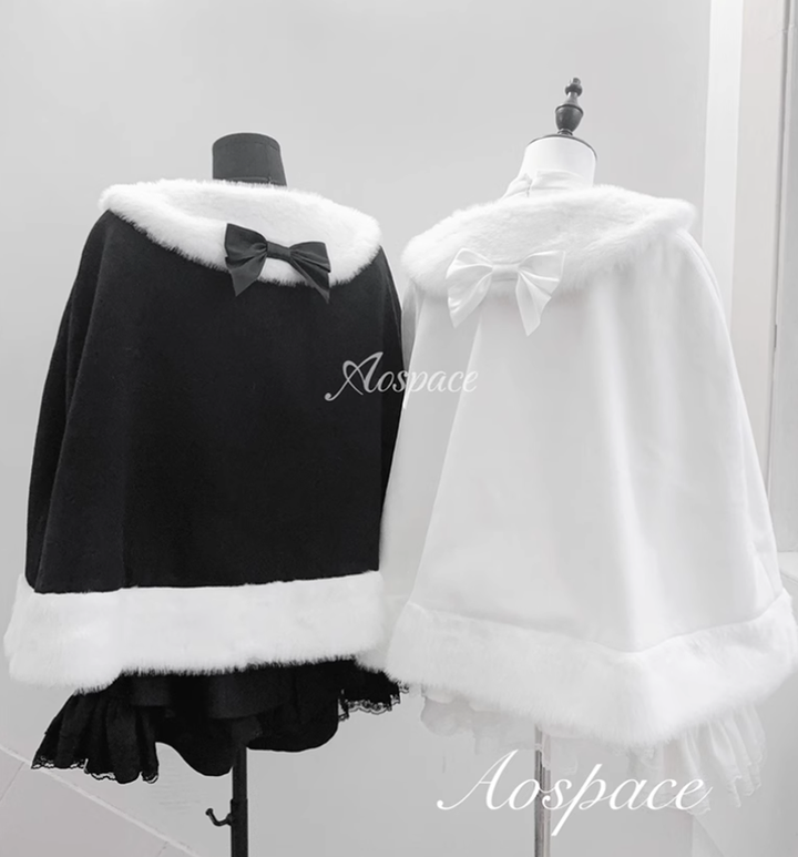 Jirai Kei Cape Plush Coat With Rhinestone Bow Knot 42149:731018