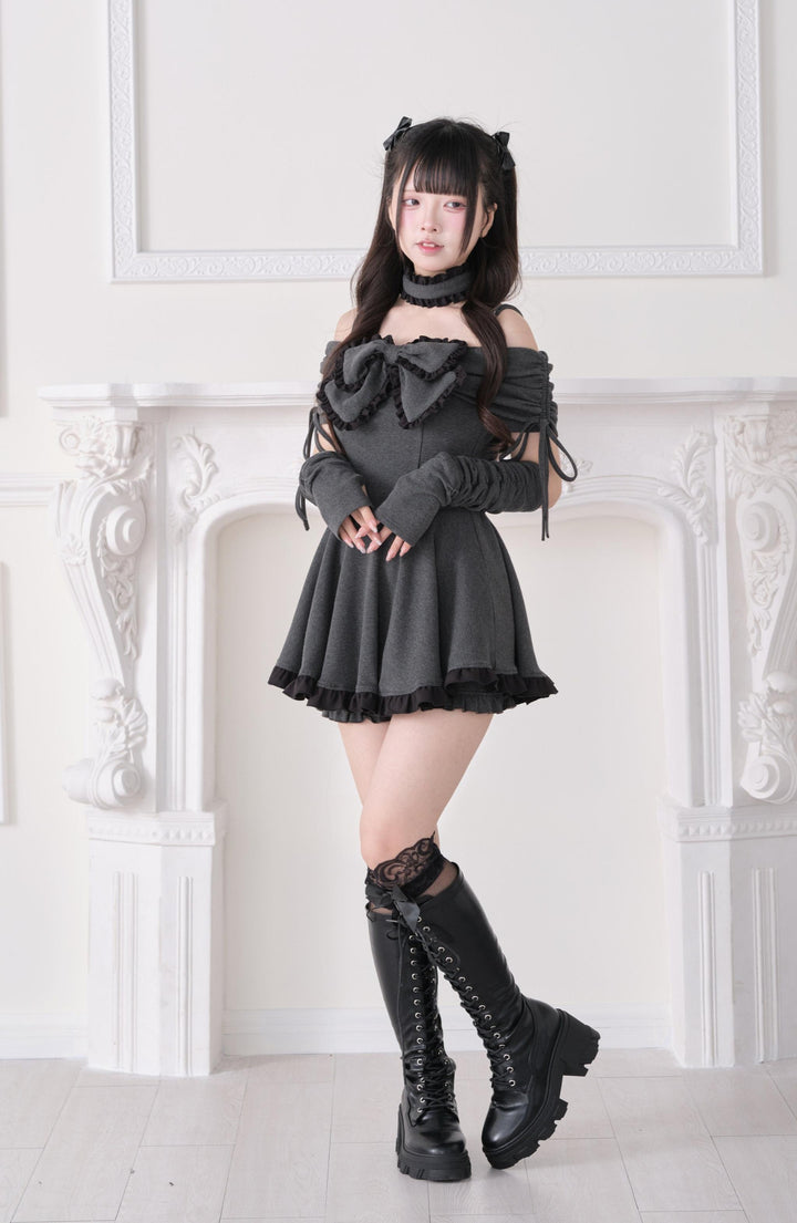 Jirai Kei Dress Set, Off-Shoulder Dress, Ruffled Choker 44943:830425