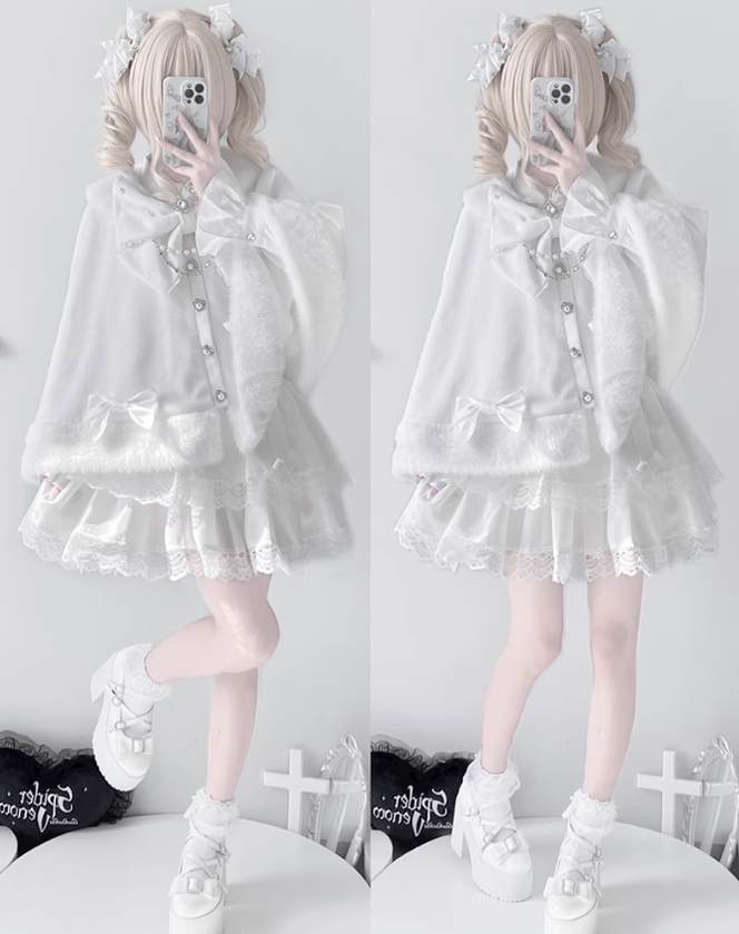 Jirai Kei Cape Plush Coat With Rhinestone Bow Knot 42149:731017