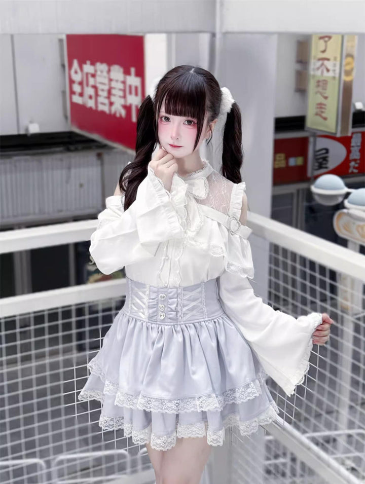 Jirai Kei Open Shoulder Blouse + Tiered Ruffles Skirt 43686:782905