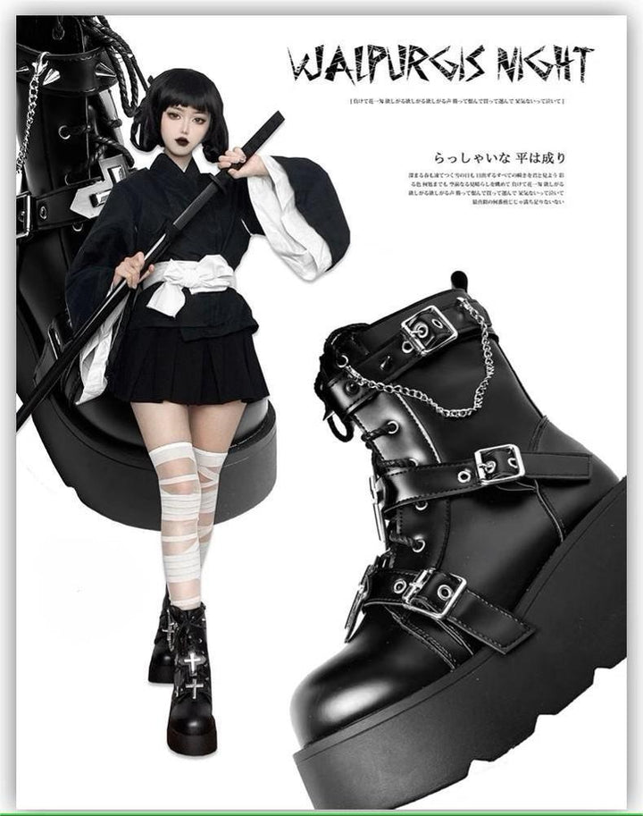 Punk Black Platform Shoes Cross And Rivet Martin Boots 32082:447242 32082:447242