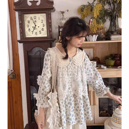 Mori Kei Blouse Floral Cotton Linen Shirt With Lace 36222:524850