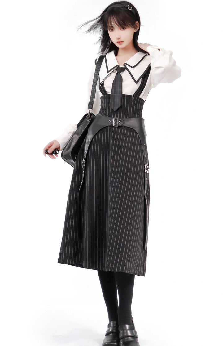 Black Striped Blazer Skirt with White Shirt Set 29366:355436 29366:355436