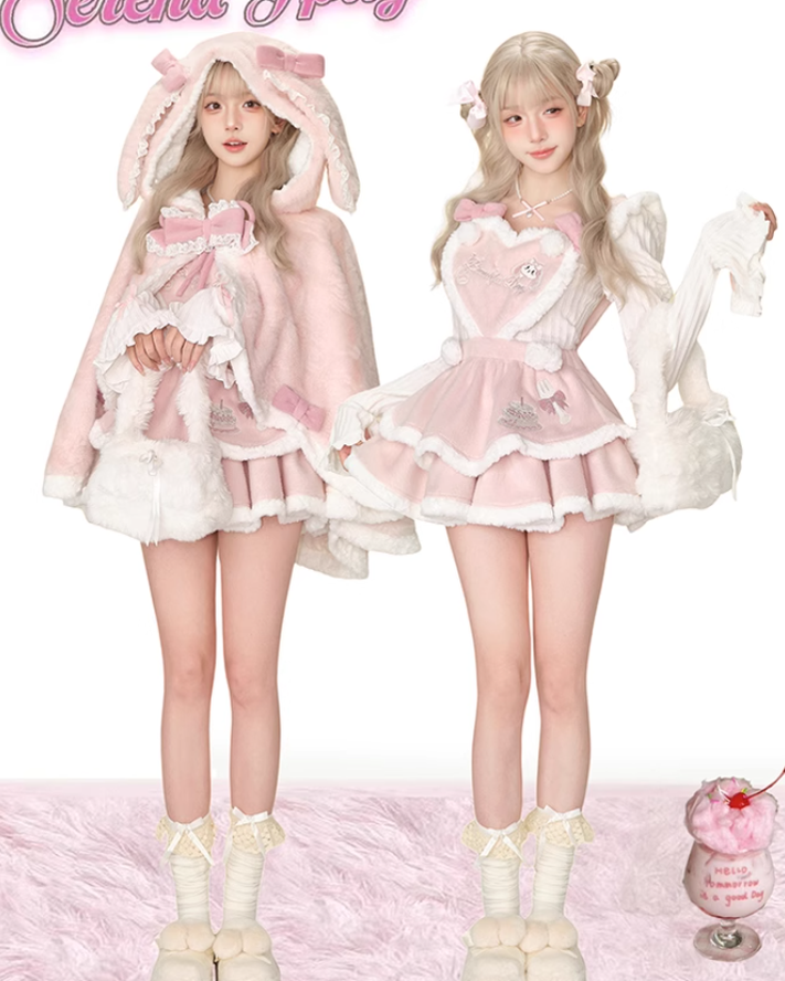 Kawaii Pink Cape Coat Winter Tierid Dress White Knit Sweater 40878:699972