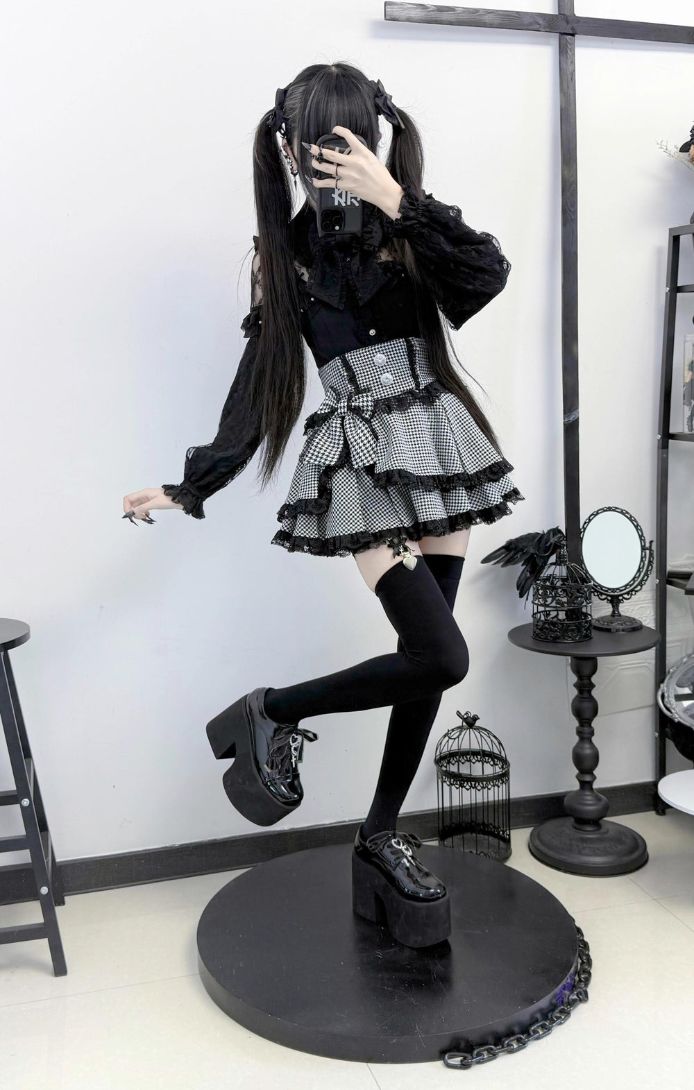 Lace Trimed Jirai Kei Skirt, Detachable Waist Bow (L M S XL) 43512:778915