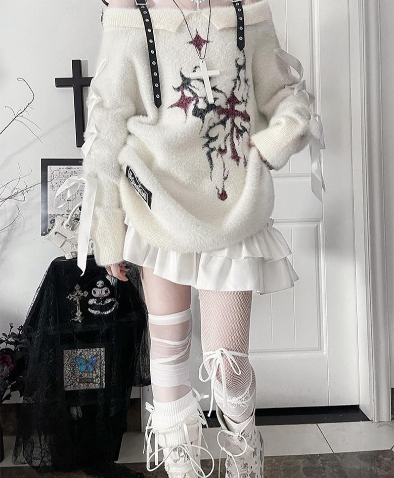 Subculture Open Shoulder Sweater, Butterfly Pattern 44335:804589