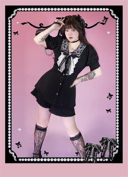 Plus Size Jirai Kei Blouse Short Sets Pink Black Full Set 21886:317348