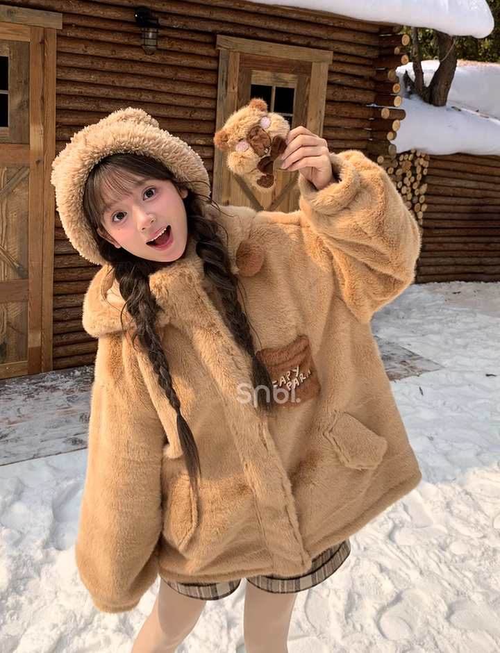 Kawaii Winter Coat Fleece Brown Hooded Coat With Bear Ears 40222:659204