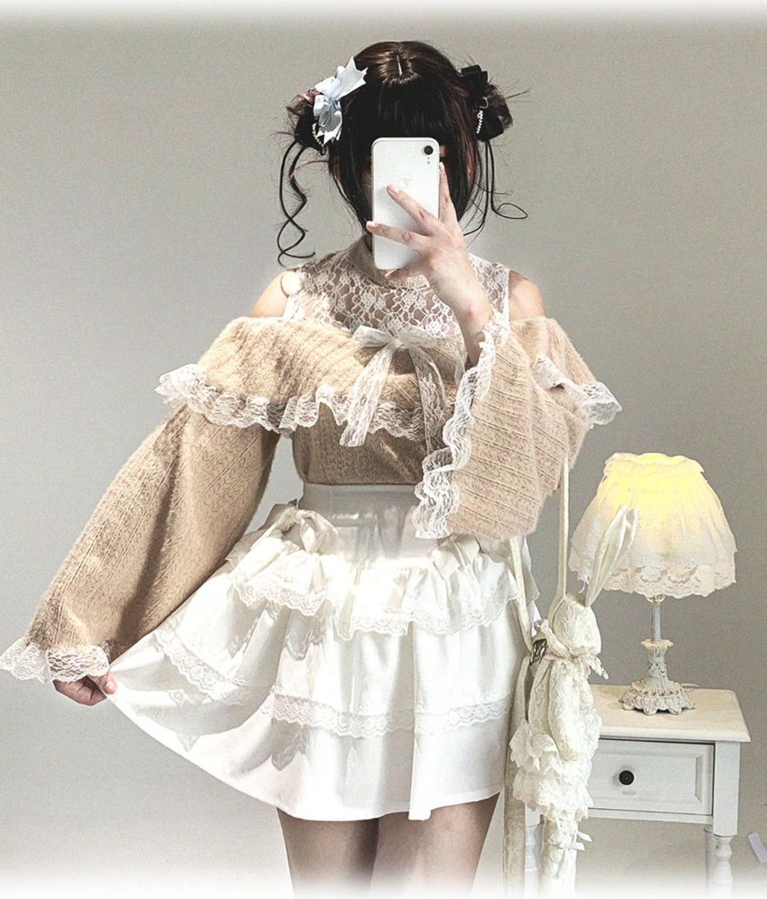 Soft Plush Ryousangata Sweater, Lace Details 44470:810479