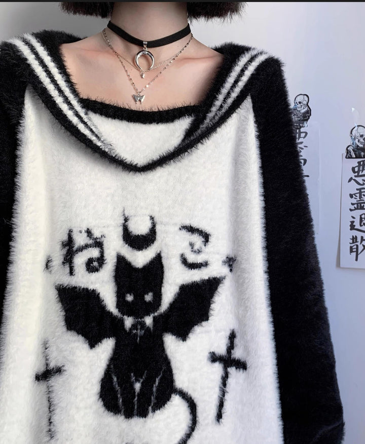 Jirai Kei Sweater Black White Devil Cat Sailor Collar Sweater 32632:409738 32632:409738