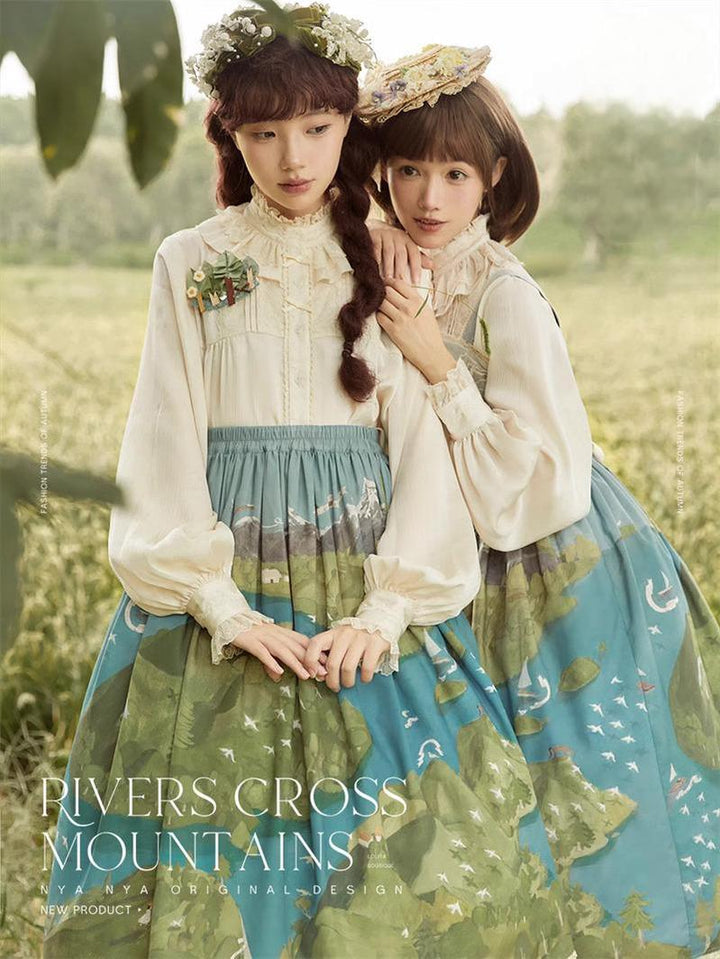 Lolita Dress Rivers Cross Mountains Print Lolita Dress Set 39412:627160