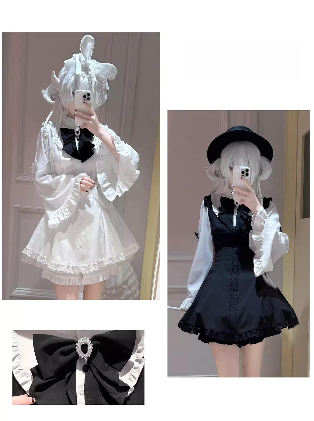 Flared Sleeves Jirai Kei Dress, Rhinestone Bow 44951:831302