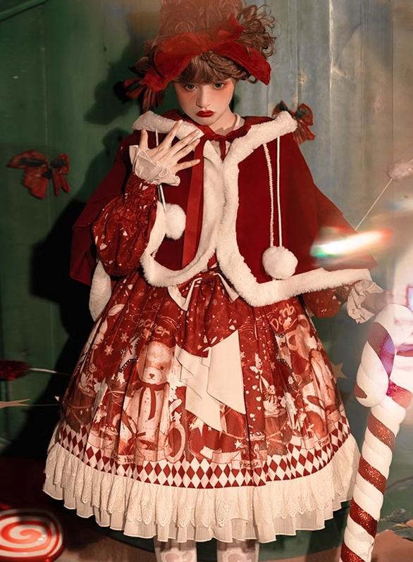 red lolita dress Sweet Lolita Dress Red OP Bear Ear Cape Set For Christmas Cape only / L