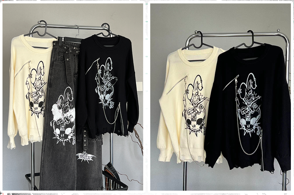 Punk Sweater Black White Rabbit Ripped Sweatershirt Knit Top 41158:696860