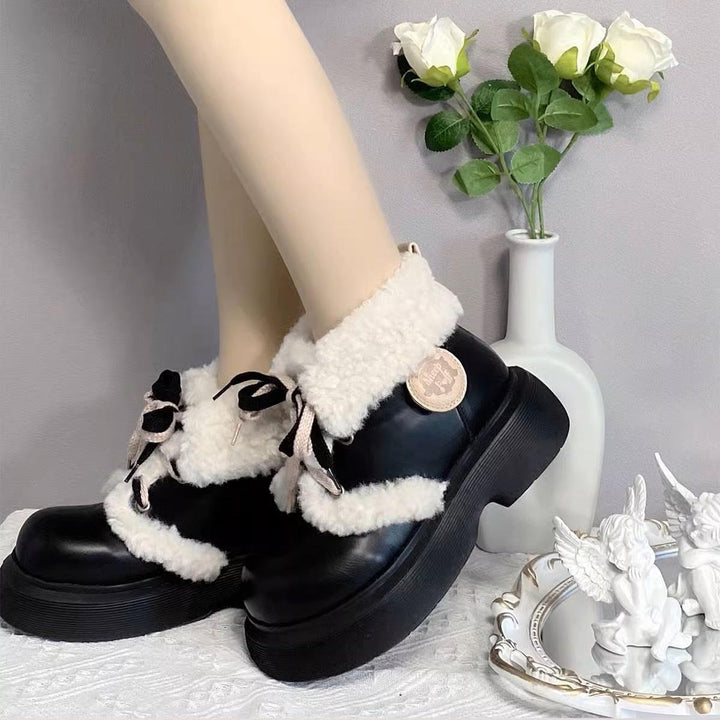 Kawaii Shoes White Black Shoes Lamb Wool Padded Snow Boots 33768:450202 33768:450202