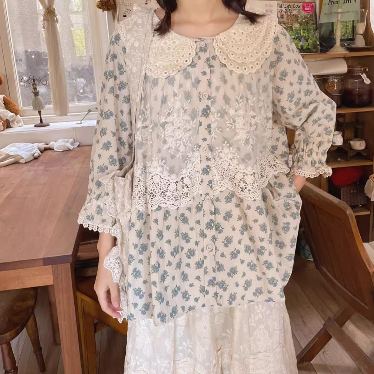 Mori Kei Blouse Floral Cotton Linen Shirt With Lace 36222:524856