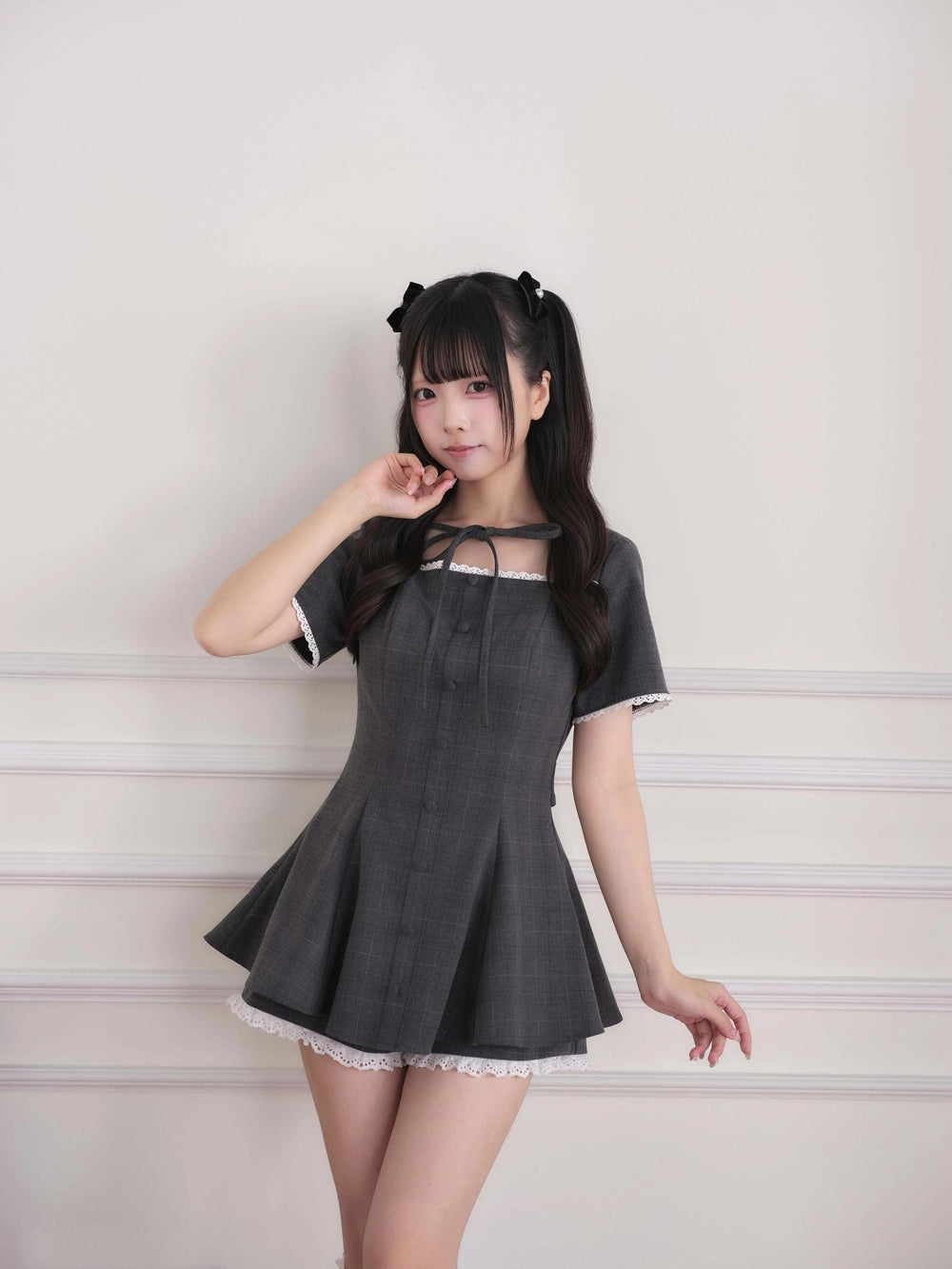Ryousangata Lace Trim Dress & Elastic Shorts Set (M S) 45835:864524