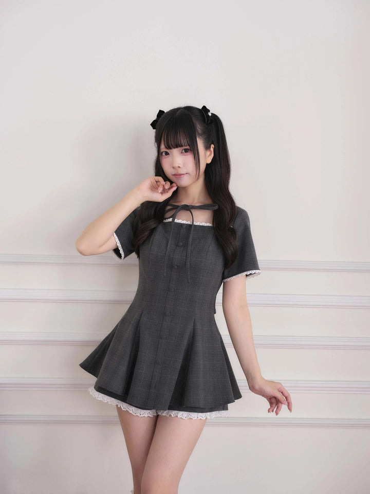 Ryousangata Lace Trim Dress & Elastic Shorts Set (M S) 45835:864524