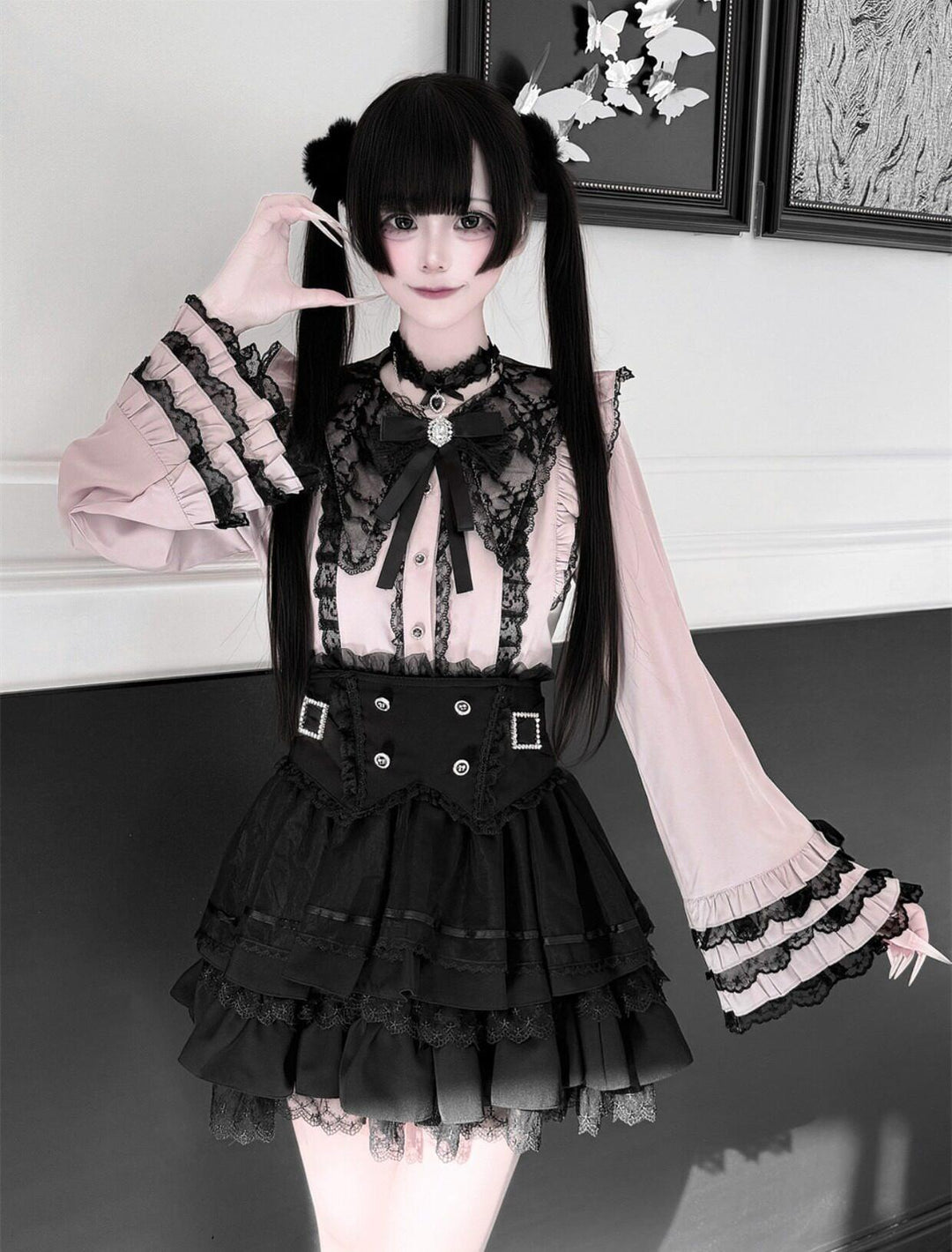 High-Waisted Jirai Kei Skirt, Lace Hem 44810:822762