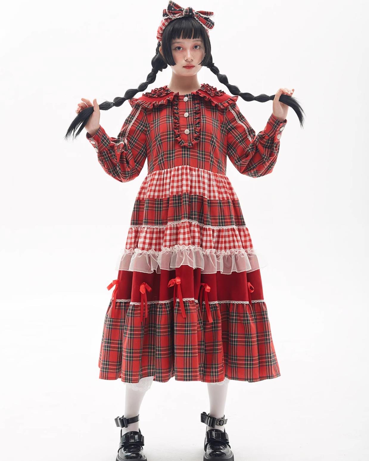 Sweet Lolita Dress Kawaii Dress Retro Dress Red Plaid Dress 36148:542882
