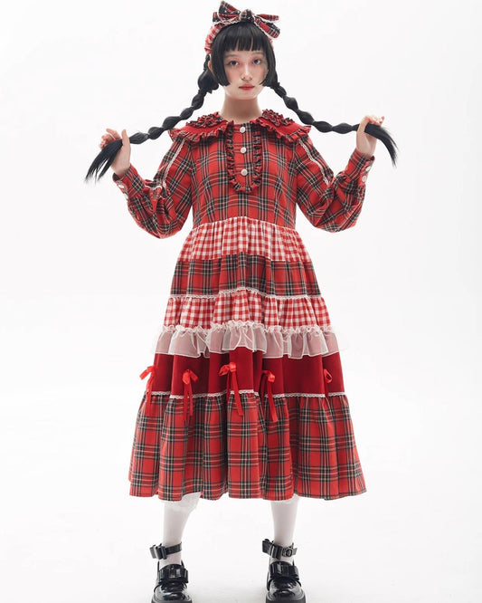 Sweet Lolita Dress Kawaii Dress Retro Dress Red Plaid Dress 36148:542882