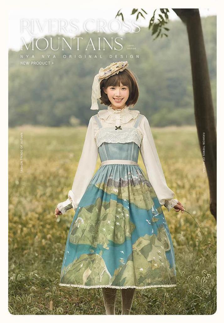 Lolita Dress Rivers Cross Mountains Print Lolita Dress Set 39412:627114