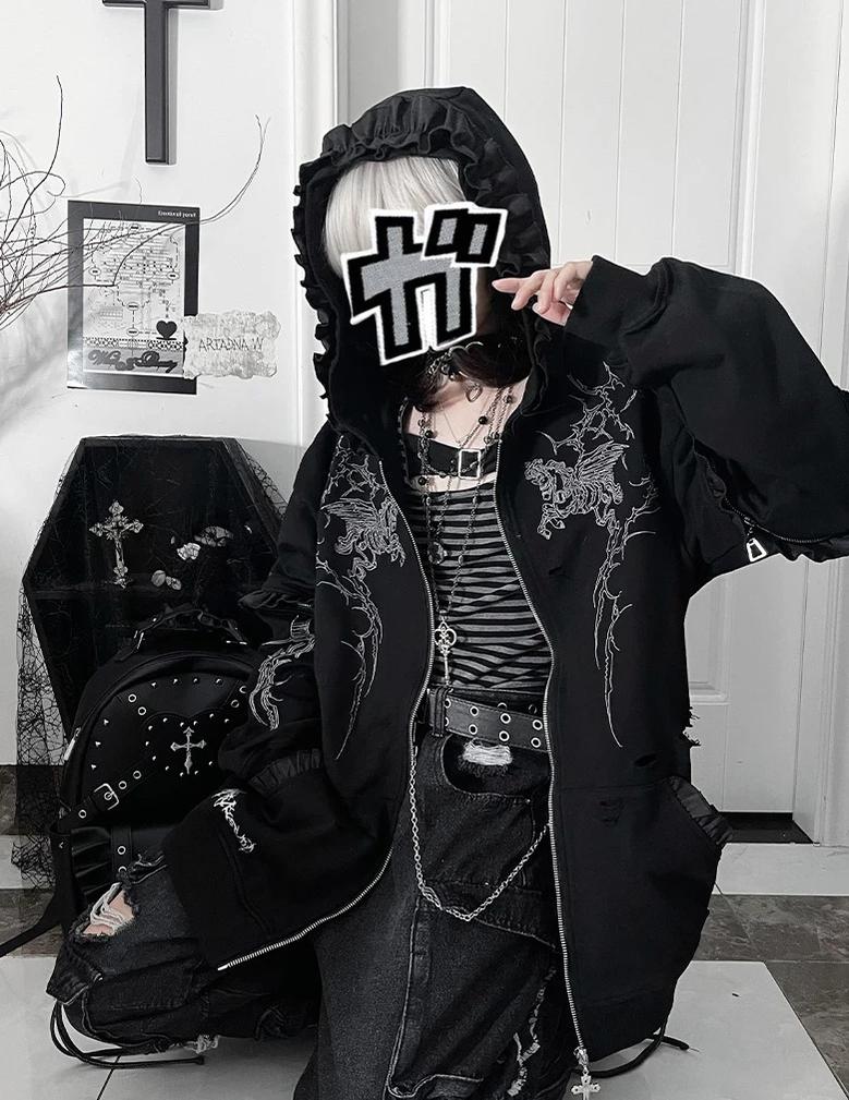 Punk Hooded Jacket, Ripped Details & Horse Embroidery 45939:871332