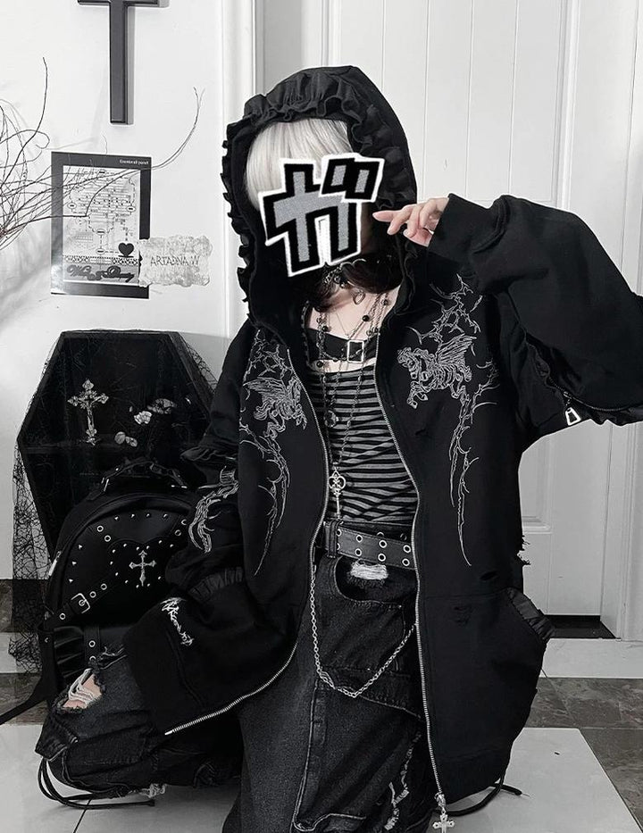 Punk Hooded Jacket, Ripped Details & Horse Embroidery 45939:871332