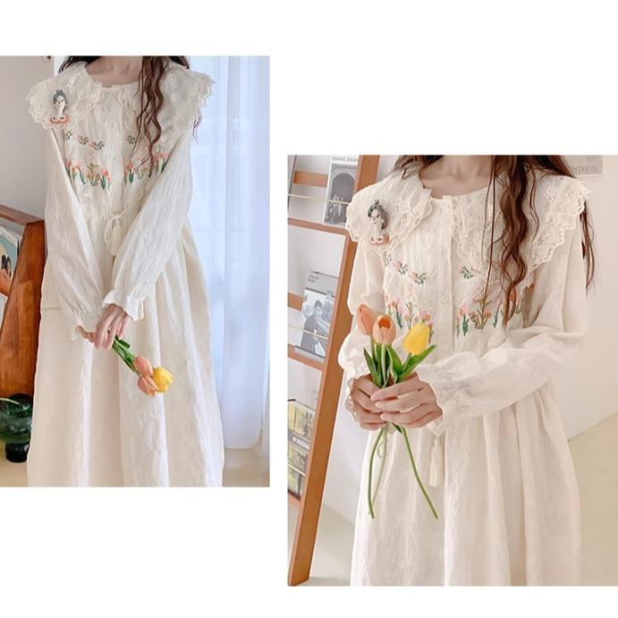 Mori Kei Peter Pan Collar Beige Lace Embroidery Long Sleeve Dress 22568:329400 22568:329400