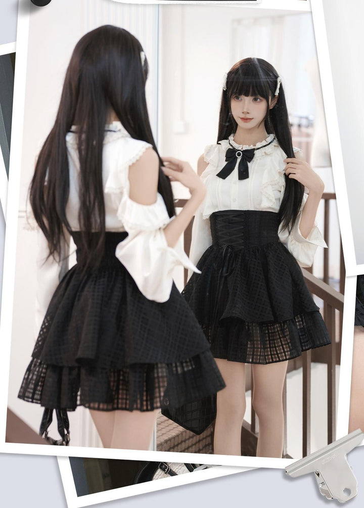 Open-Shoulder Blouse, High-Waisted Plaid Skirt (L M S) 44297:804758