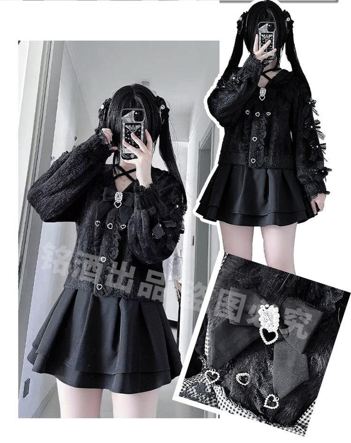 Jirai Kei Black Sweater Cardigan, Tulle Skirt 44527:812171