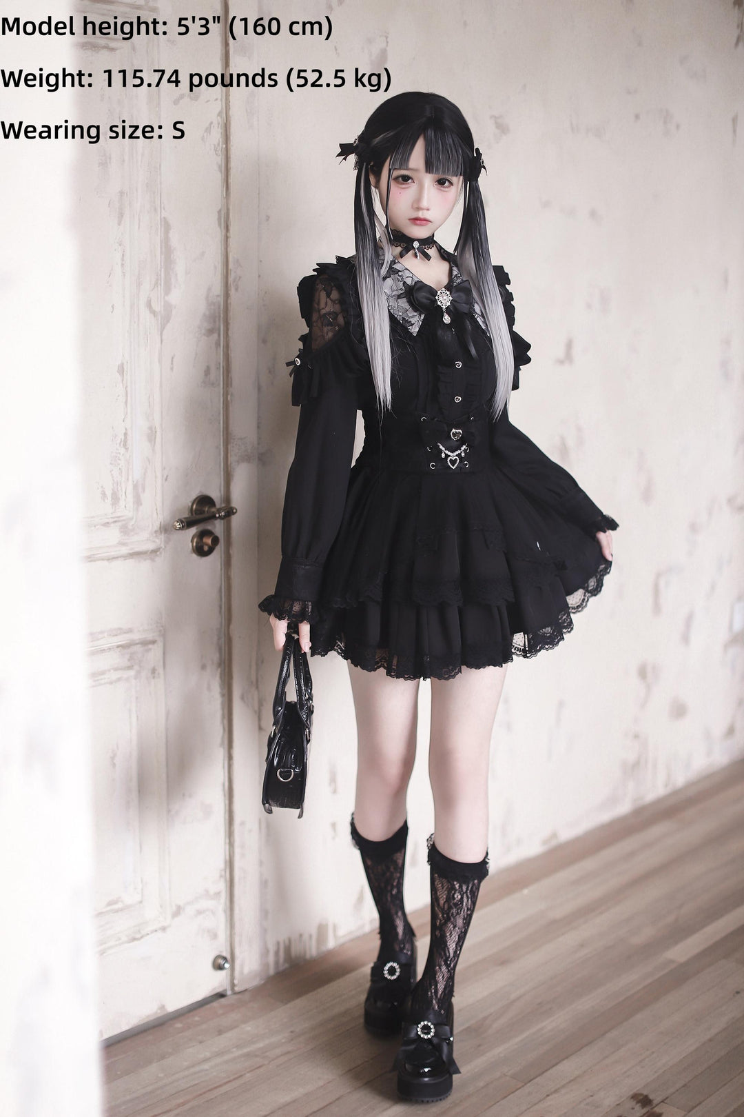 Jirai Kei Long Sleeve Blouse, Lace Open-Shoulder 44588:815119